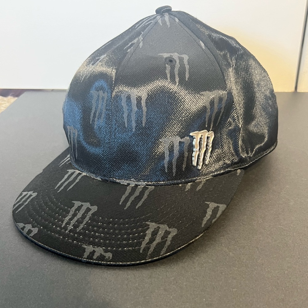 Monster Energy Satin Sheen All Over Logo Black Hat Metal Emblem, L/XL